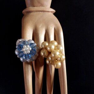 Vintage Faux Seed Pearl Cluster Ring On Stretch Band Lot Of 2